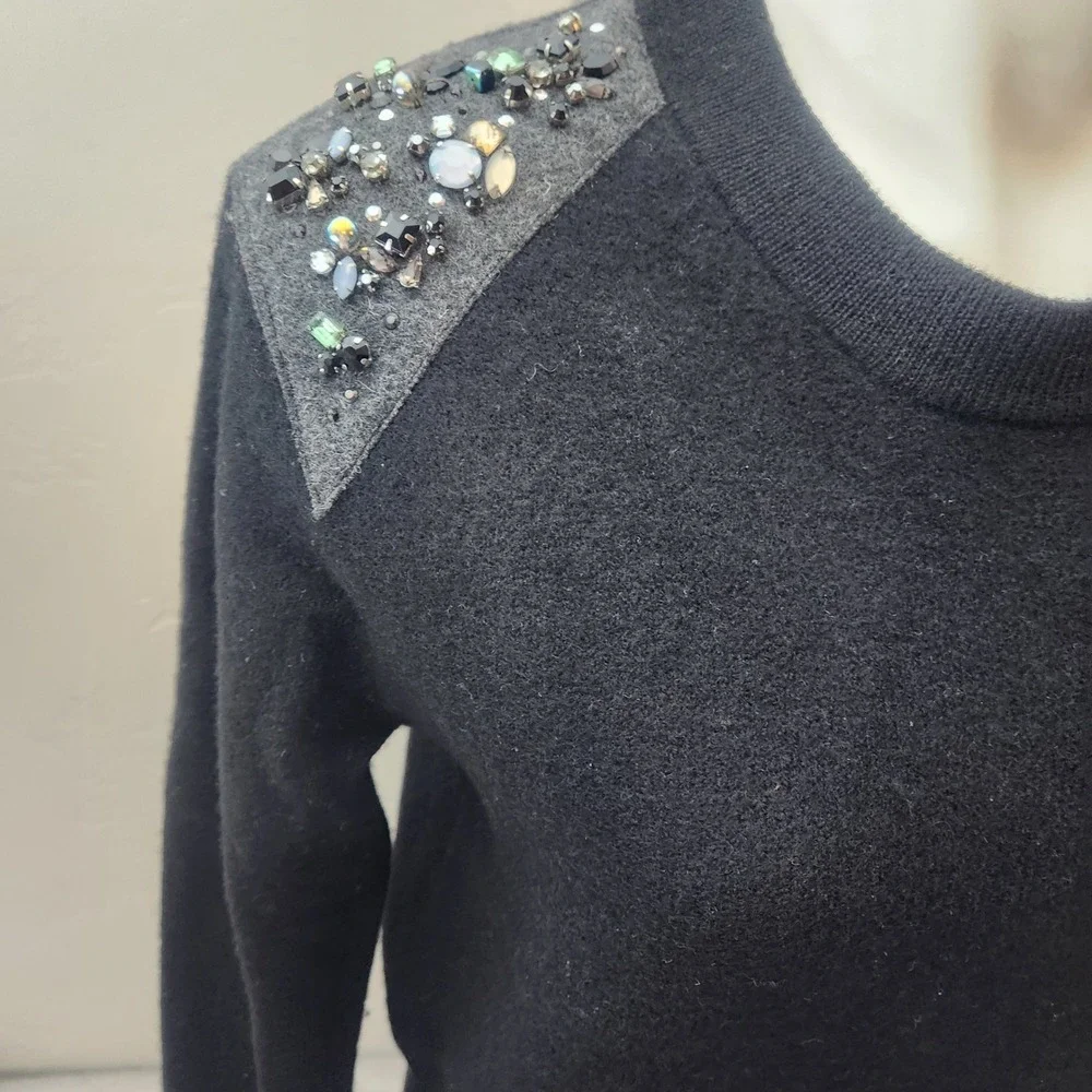 J. Crew Black Sweater Size S Merino Full Zip Back Embellish Shoulder Detail Crew